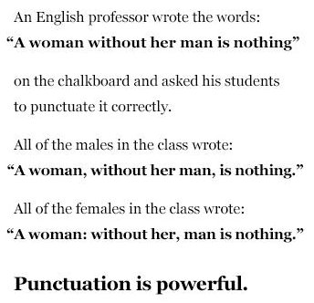 An English professor wrote the words: "A woman without her man is nothing" on the chalkboard and asked his students to punctuate it correctly. All of the males in the class wrote: "A woman, without her man, is nothing." All of the females in the class wrote: "A woman: without her, man is nothing." Punctuation is powerful.